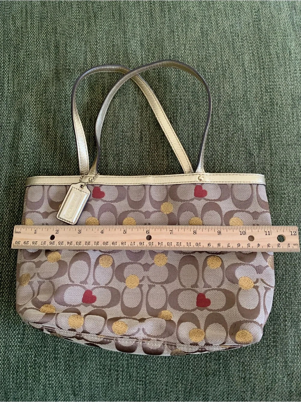 Coach Beige Signature Tote with Gold Dots and Red Hearts